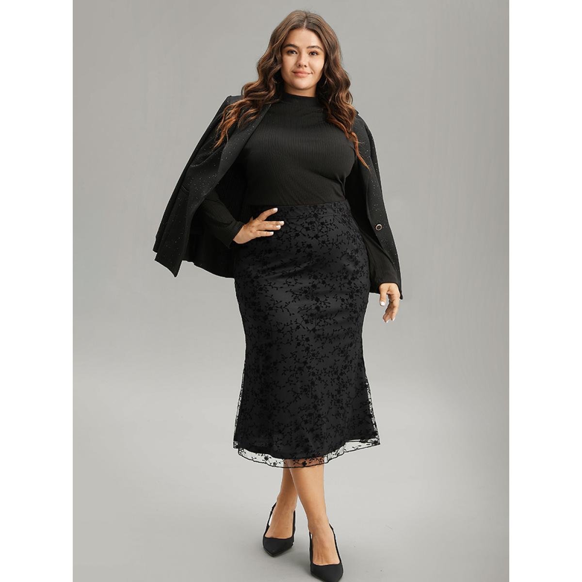 Plus Size Silhouette Floral Print Flocking Elastic Waist Skirt Women Black Elegant Velvet Bodycon Low stretch Dailywear Skirts BloomChic 30/6X Product Image