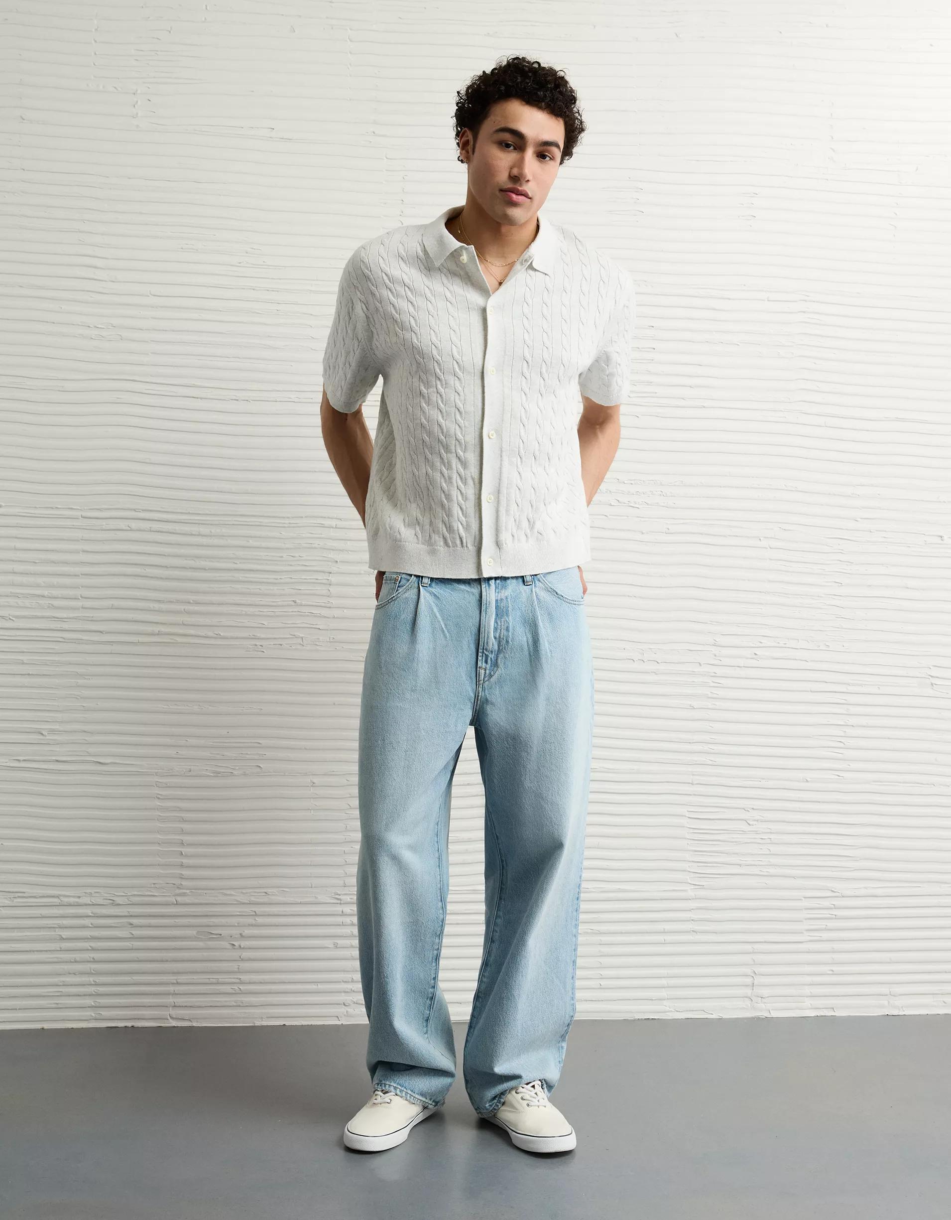 AE Weekend Cable Knit Button-Up Sweater Polo Shirt Product Image