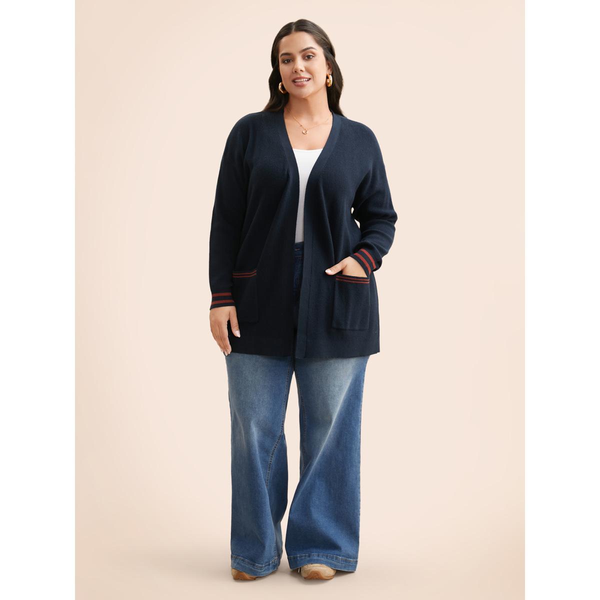 Plus Size Supersoft Essentials Contrast Striped Kimono Collar Cardigan Midnight Women Casual Loose Long Sleeve Everyday Cardigans BloomChic 12/L Product Image