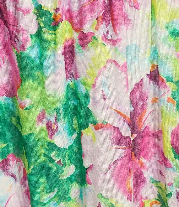 Calessa Stretch Mesh Abstract New Floral Print V-Neck Short Sleeve Empire Waist Tiered Dress Product Image