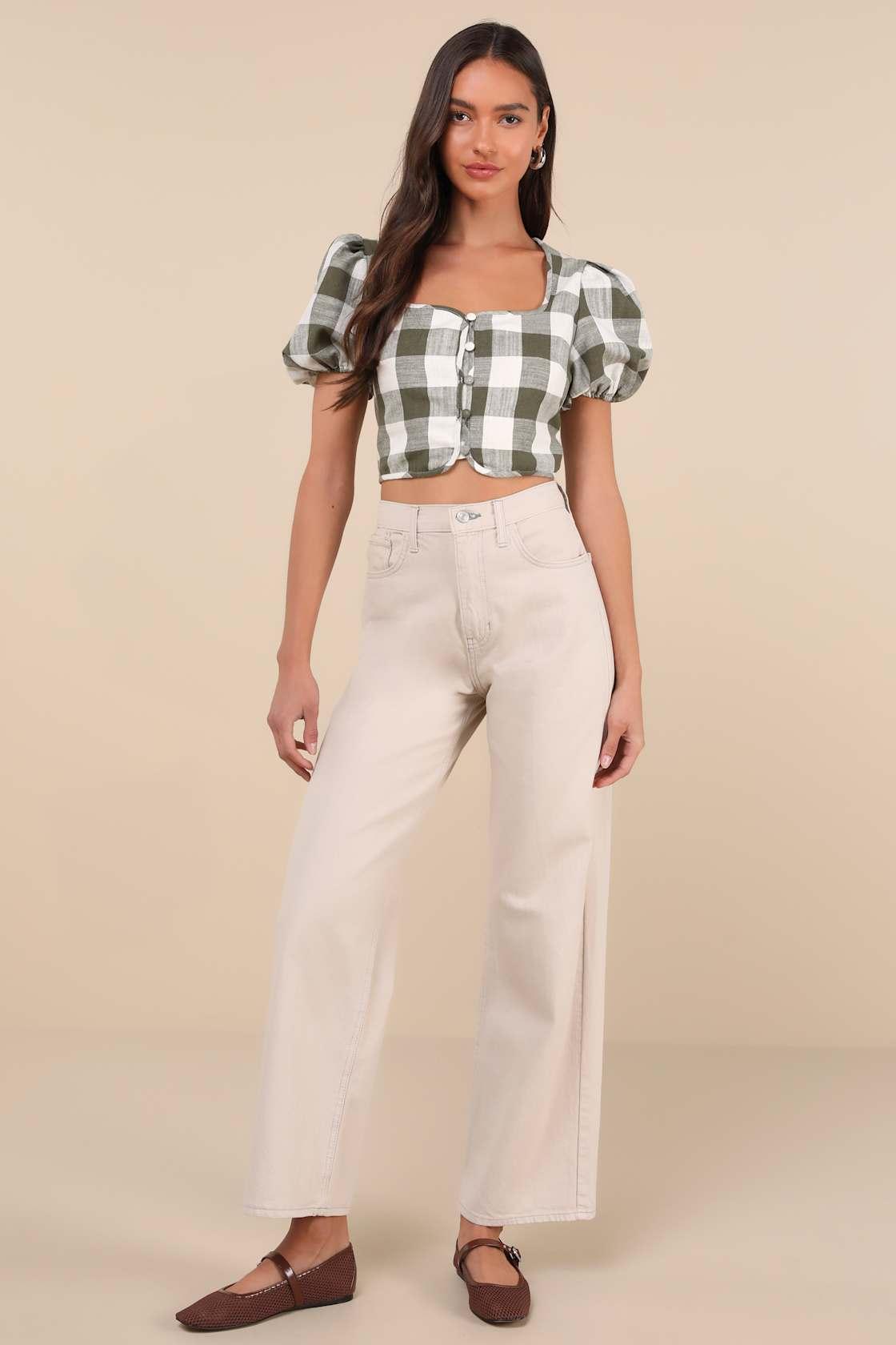 Cutest Whimsy Green Gingham Puff Sleeve Button-Front Crop Top Product Image