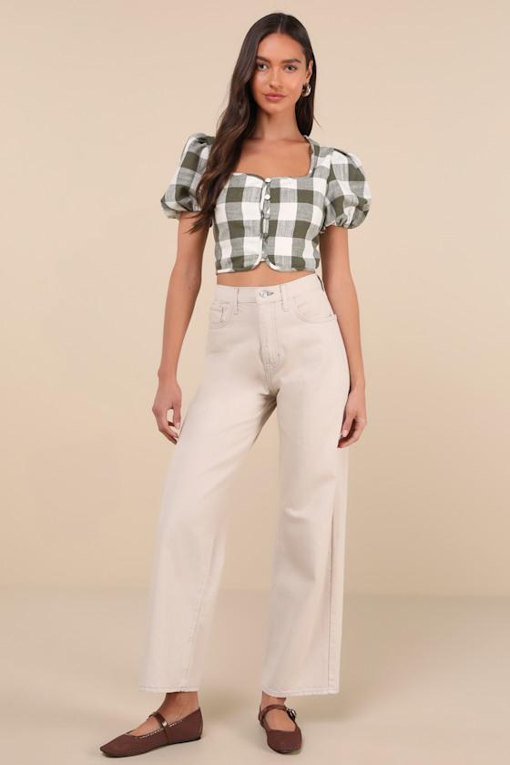 Cutest Whimsy Green Gingham Puff Sleeve Button-Front Crop Top Product Image