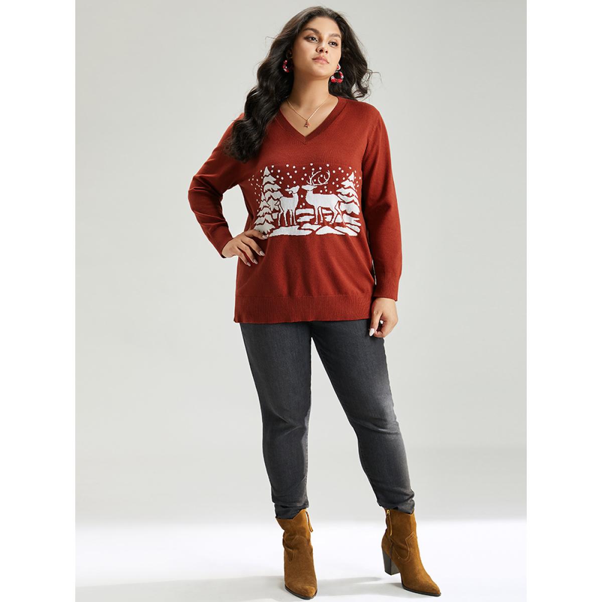 Plus Size Anti-Pilling Christmas Trees & Elk Print Pullover Rust Women Casual Loose Long Sleeve V-neck Festival-Christmas Pullovers BloomChic 28/5X Product Image