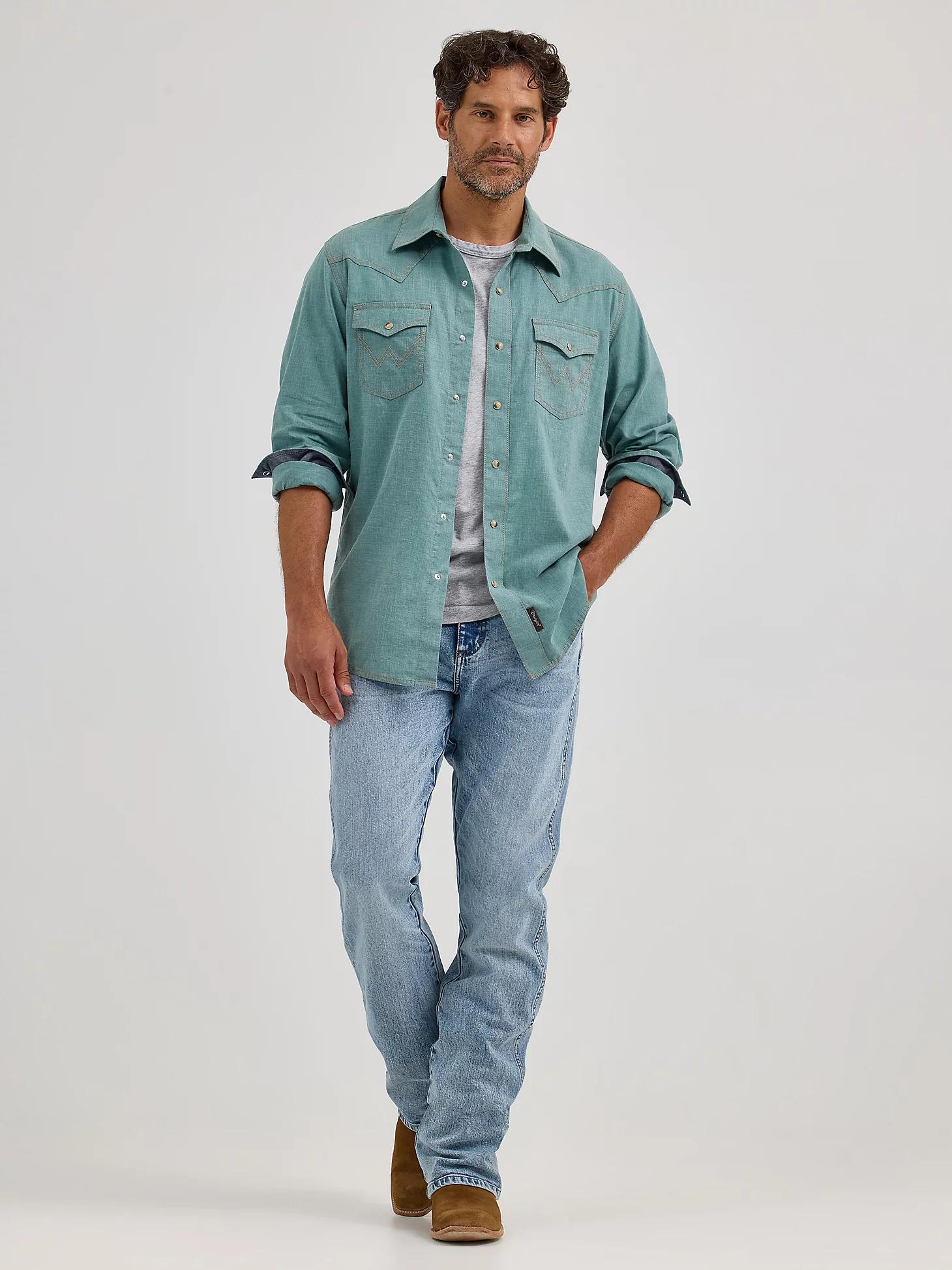 Men's Wrangler Retro Premium Western Snap Solid Shirt in Robins Egg Product Image