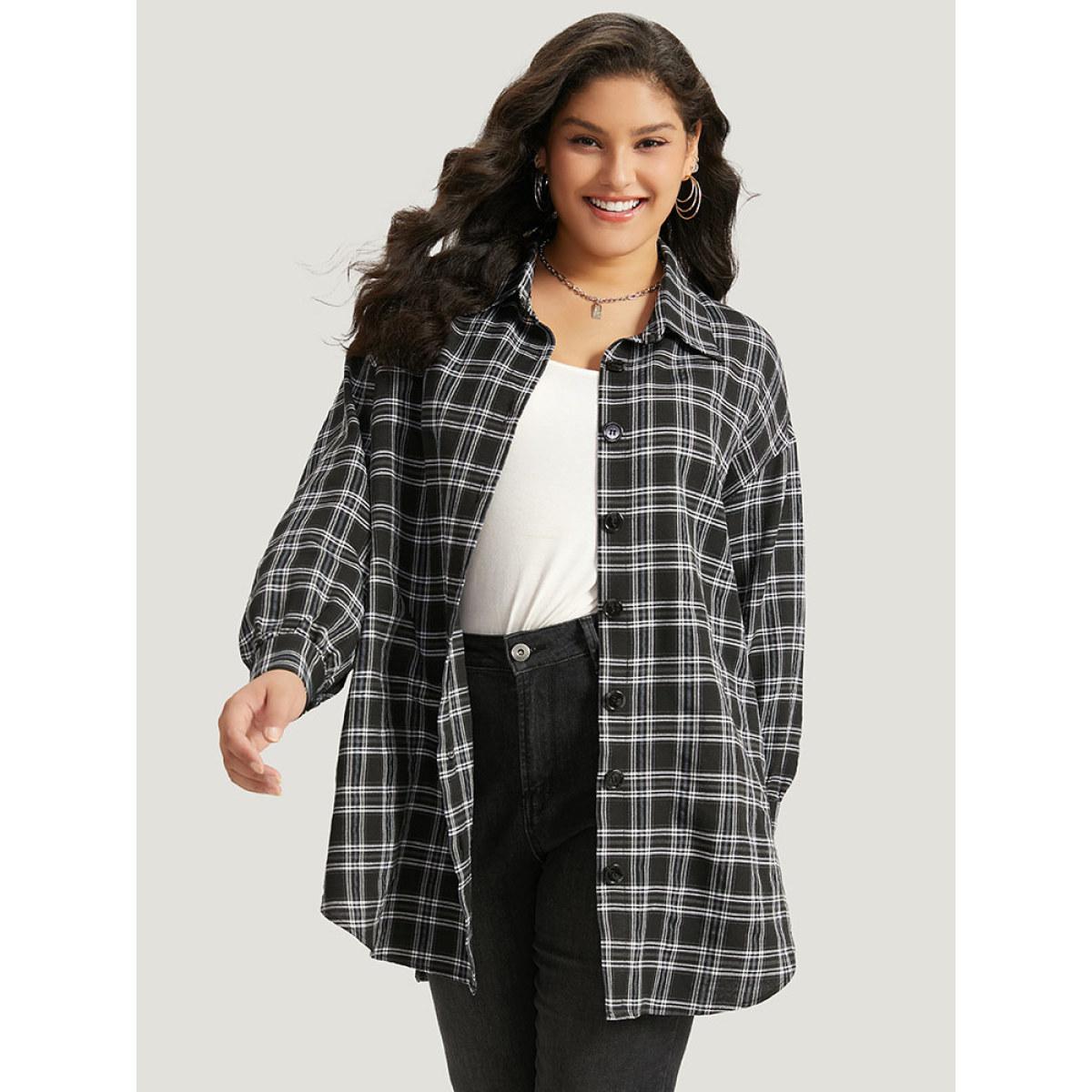 Plus Size Plaid Button Fly Curved Hem Shirt Collar Coat Women Black Casual Arc Hem Ladies Dailywear Winter Coats BloomChic 18-20/2X Product Image