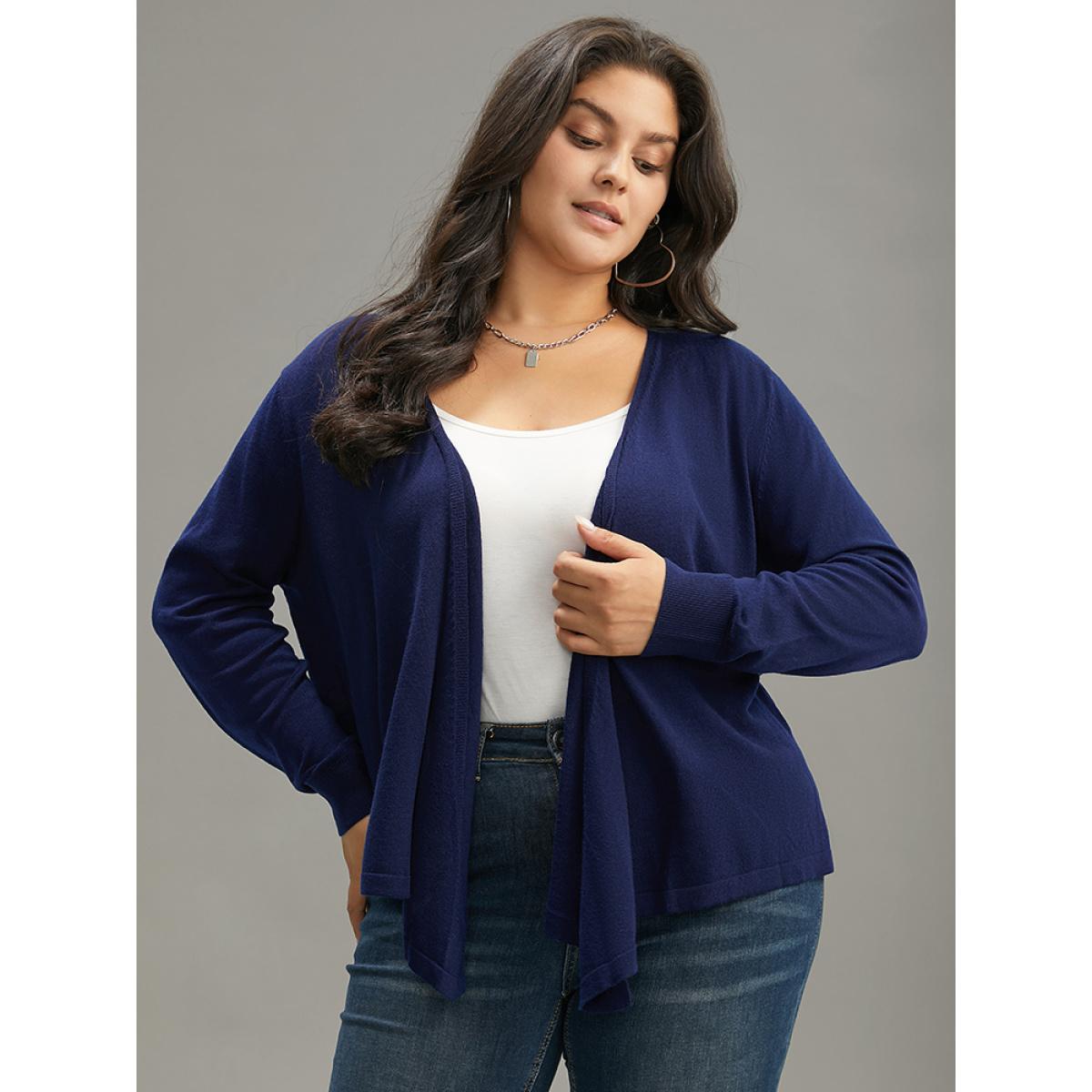 Plus Size Supersoft Essentials Asymmetrical Hem Elastic Cuffs Cardigan Indigo Women Basics Loose Long Sleeve Everyday Cardigans BloomChic 18-20/2X Product Image