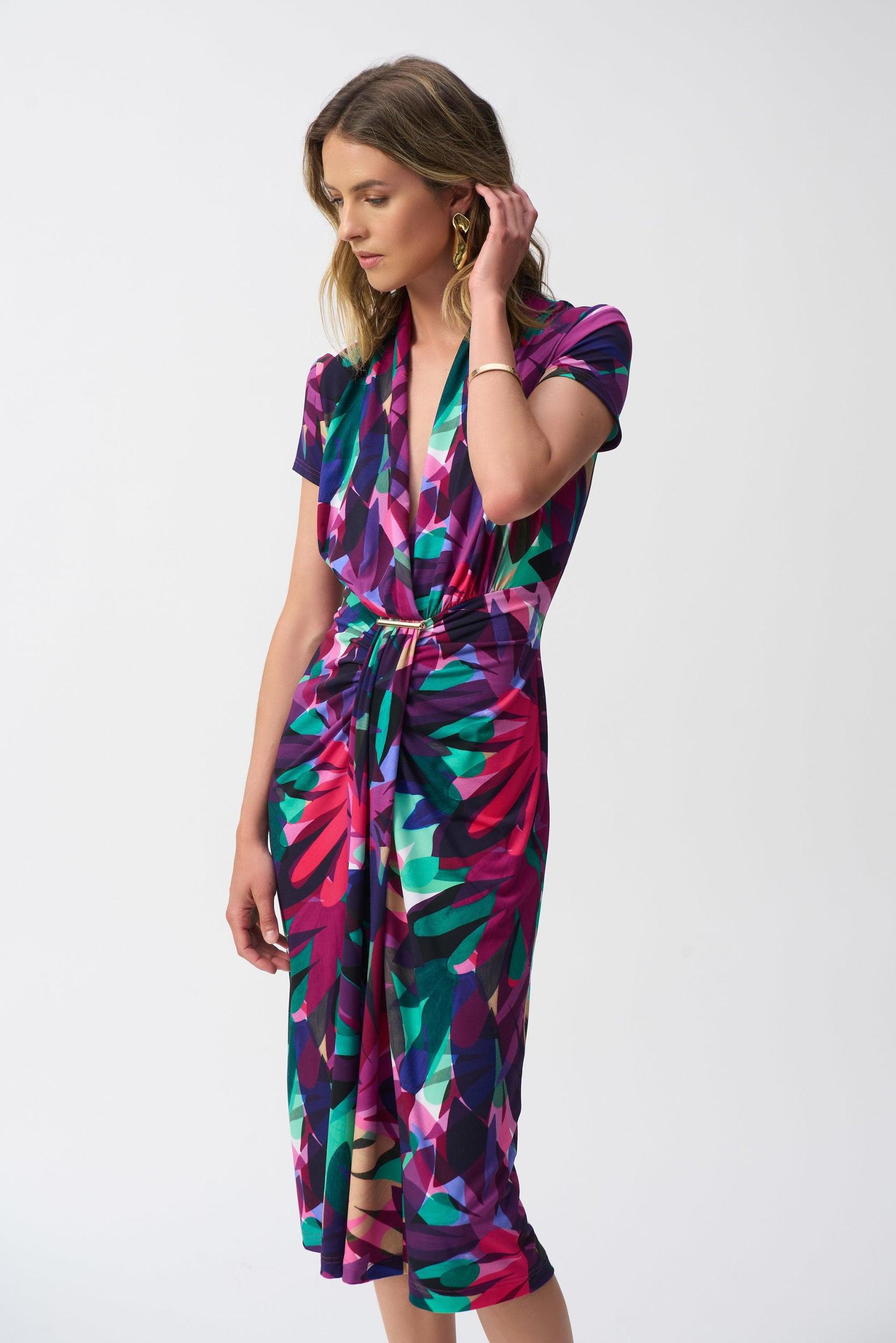 Silky Knit Tropical Print Wrap Dress- Multi Product Image