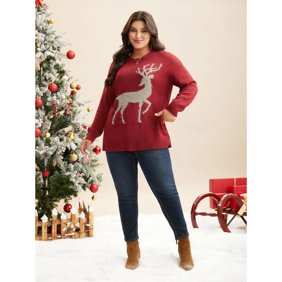 Plus Size Fuzzy Reindeer Motif Crew-Neck Pullover Scarlet Women Casual Loose Long Sleeve Round Neck Everyday Pullovers BloomChic 14-16/1X Product Image