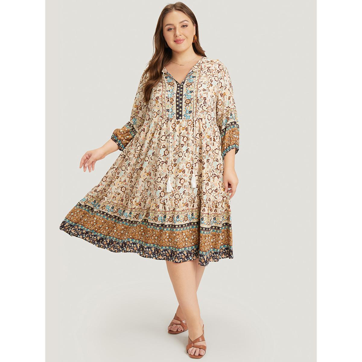 Plus Size Bandana Tassels Ties Neck Pocket Ruffle Hem Dress Indigo Women Vacation Tassels Tie Neck Elbow-length sleeve Curvy Midi Dress BloomChic 12/L Product Image