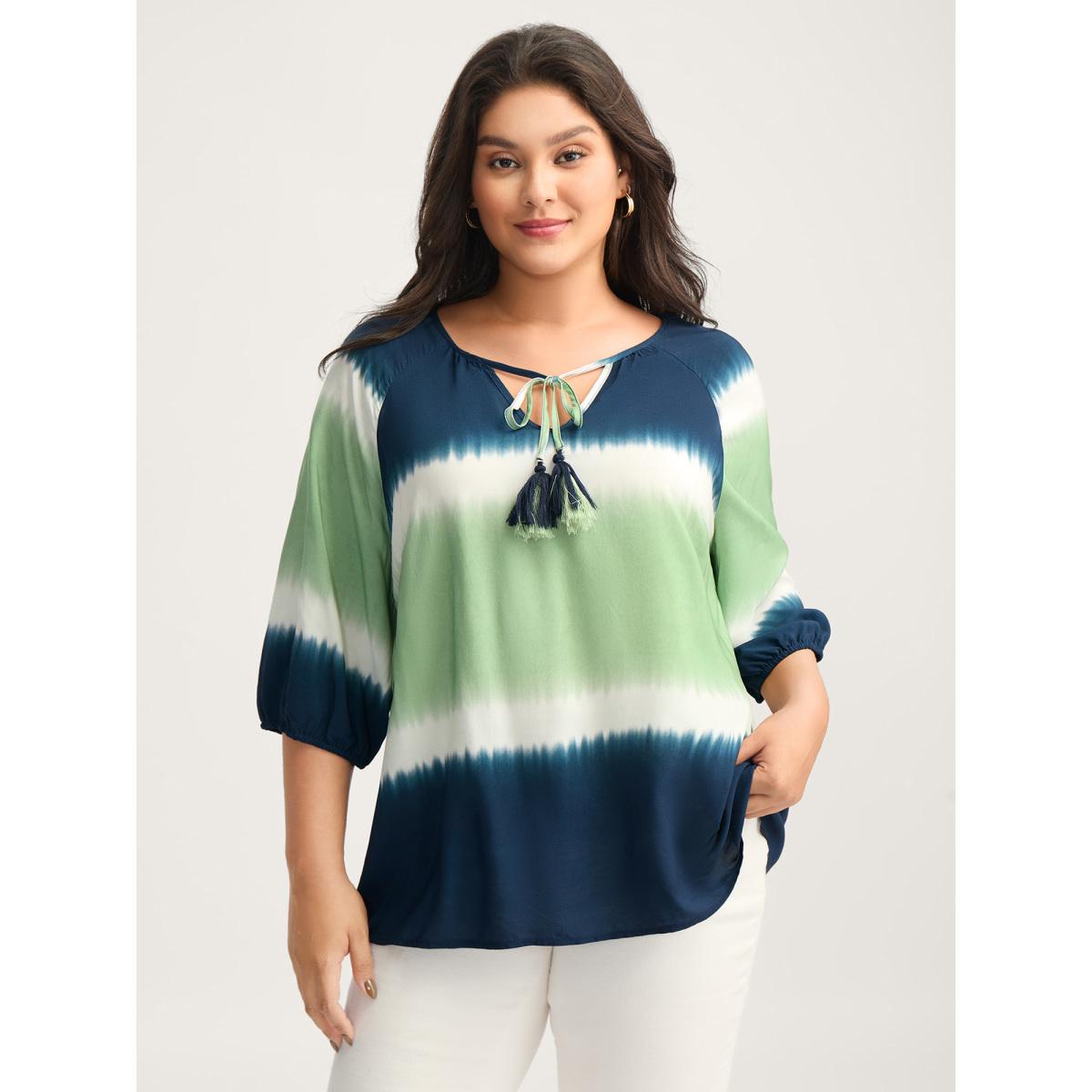 Plus Size Multicolor Ombre Gradient Neck Tie Blouse Women Elbow-length sleeve V-neck Everyday-Elegant Blouses BloomChic 28/5X Product Image