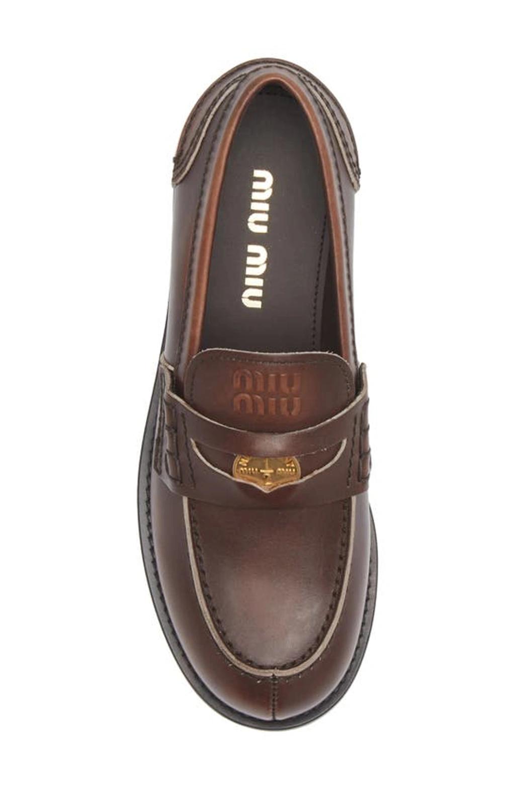 MIU MIU Leather Distressed Penny Loafers In Brown Product Image