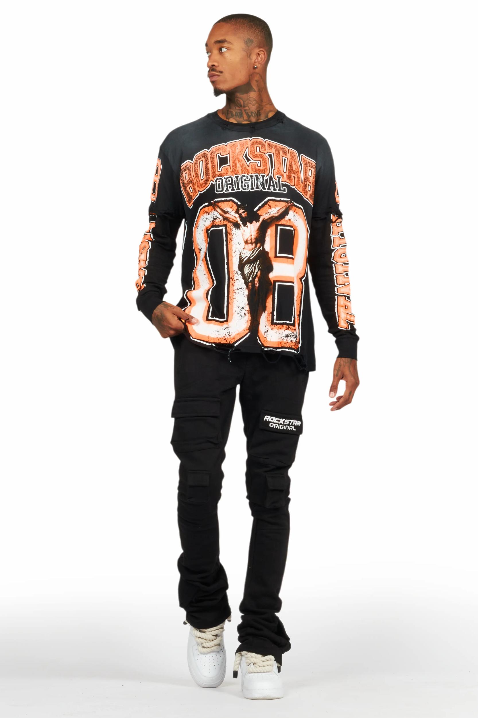 Fields Black/Orange Double Layer Long Sleeve Graphic T-Shirt Male Product Image