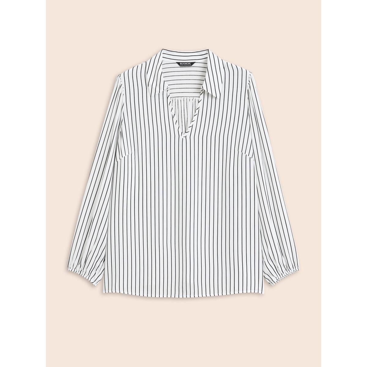Plus Size WhiteSmoke Striped Lapel Collar Lantern Sleeve Blouse Women Workwear Essentials Long Sleeve V-neck Office Blouses BloomChic 14-16/1X Product Image