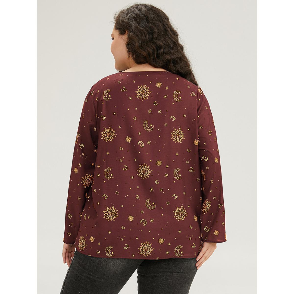 Plus Size Scarlet Halloween Moon & Star Print Pleated Tab Sleeve Blouse Women Elegant Elbow-length sleeve V-neck Festival-Halloween Blouses BloomChic 18-20/2X Product Image