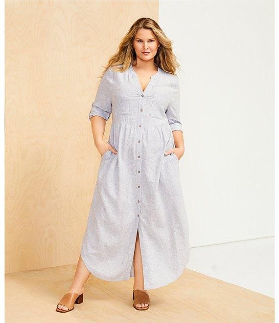 Westbound Plus Size Linen Blend Stripe 3/4 Rolled Sleeve Y-Neck Button Front Maxi Shirt Dress Product Image