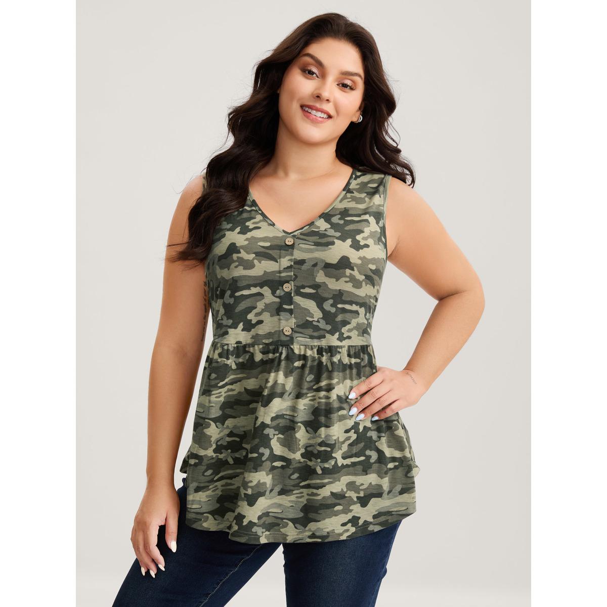 Plus Size Camouflage Print Cinched-Waist Tank Top Women Multicolor Leisure Gathered V-neck Casual Tank Tops Camis BloomChic 10/M Product Image