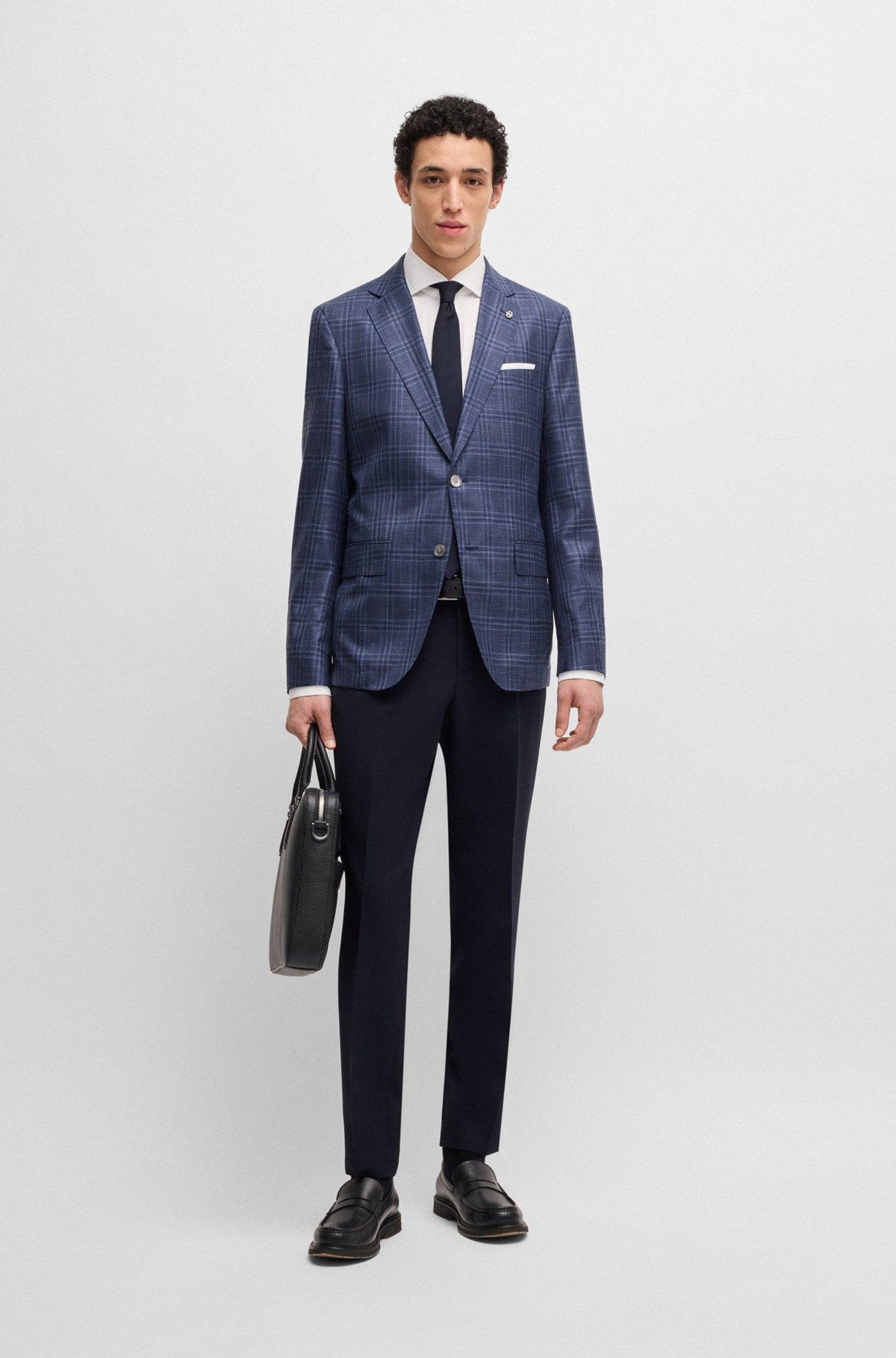 BOSS - Slim-fit blazer in checked virgin wool, silk and linen - Blue Product Image