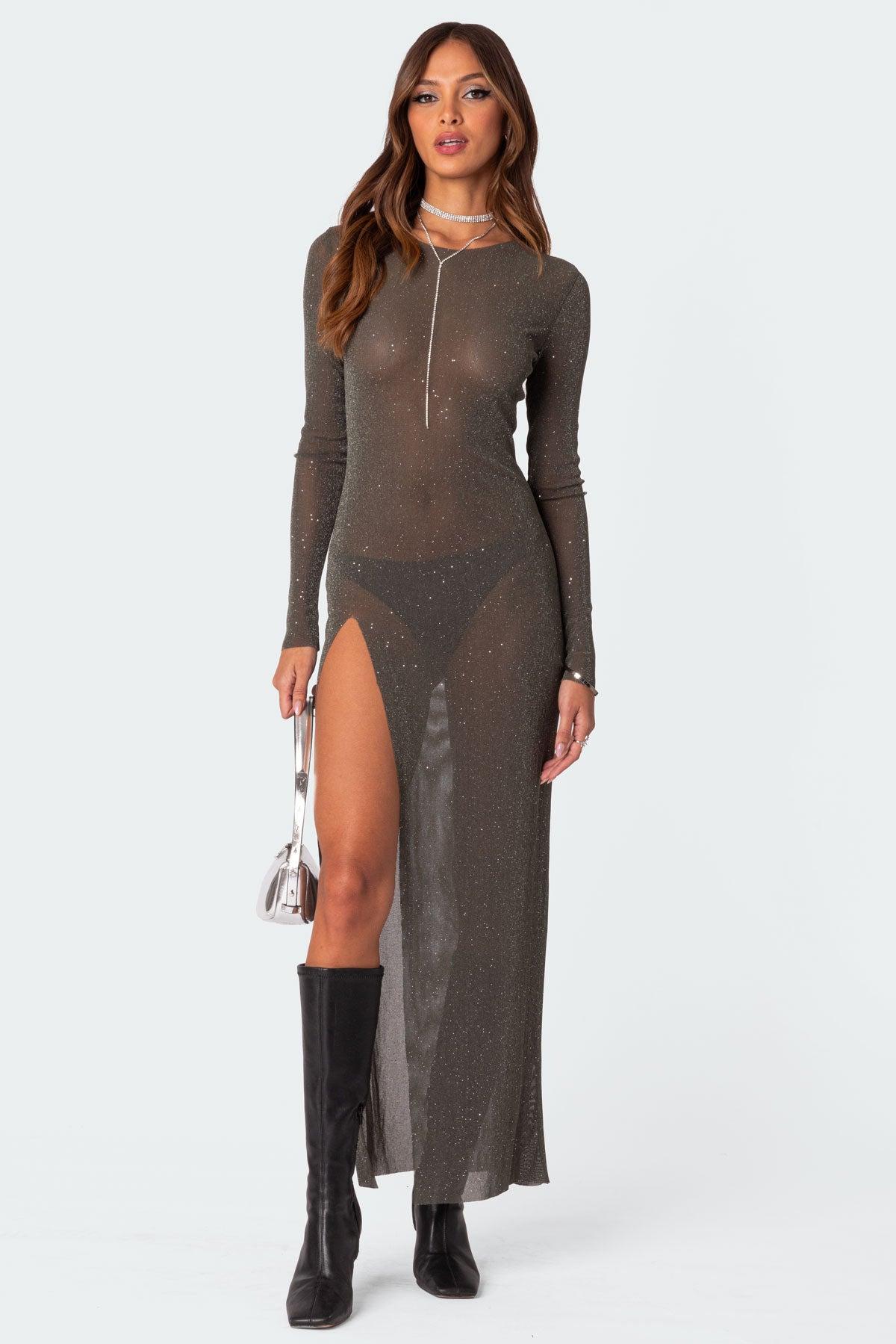 Glitter Mesh Slitted Maxi Dress Product Image