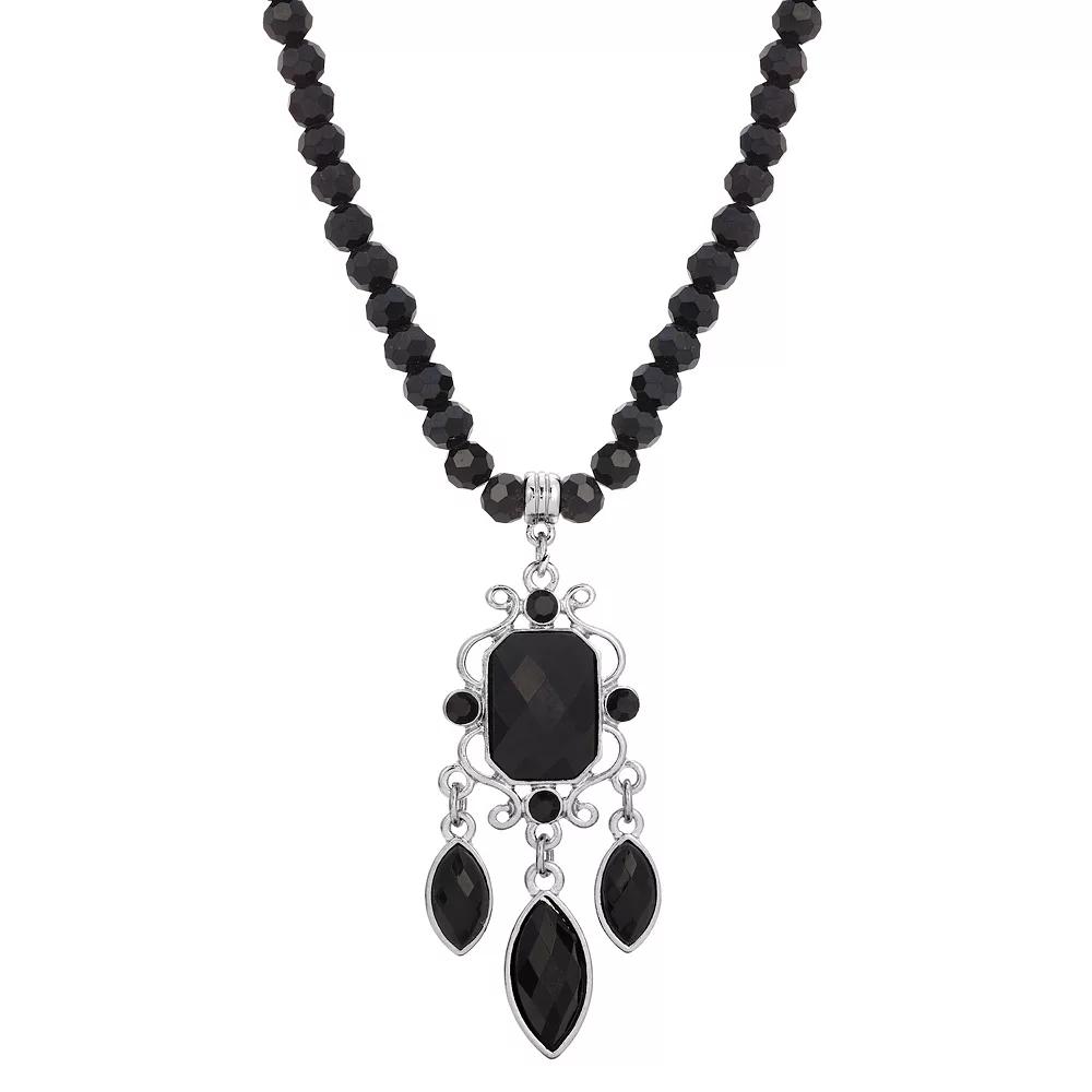 1928 Silver Tone Black Bead Chandelier Necklace, Womens Product Image