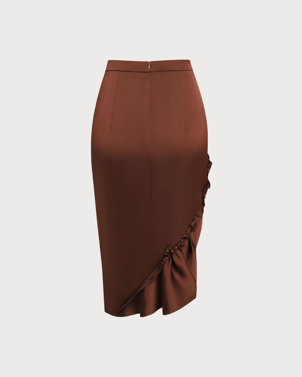 Coffee Ruched Pencil Midi Skirt Product Image