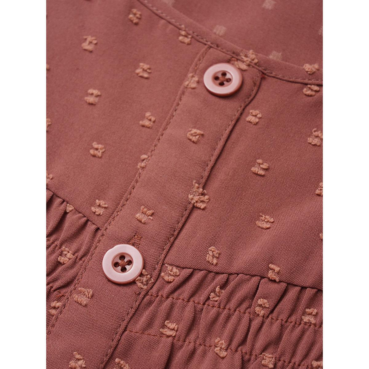 Plus Size Rust Textured Lantern Sleeve Gathered Frill Trim Blouse Women Casual Long Sleeve Round Neck Vacation Blouses BloomChic 28/5X Product Image