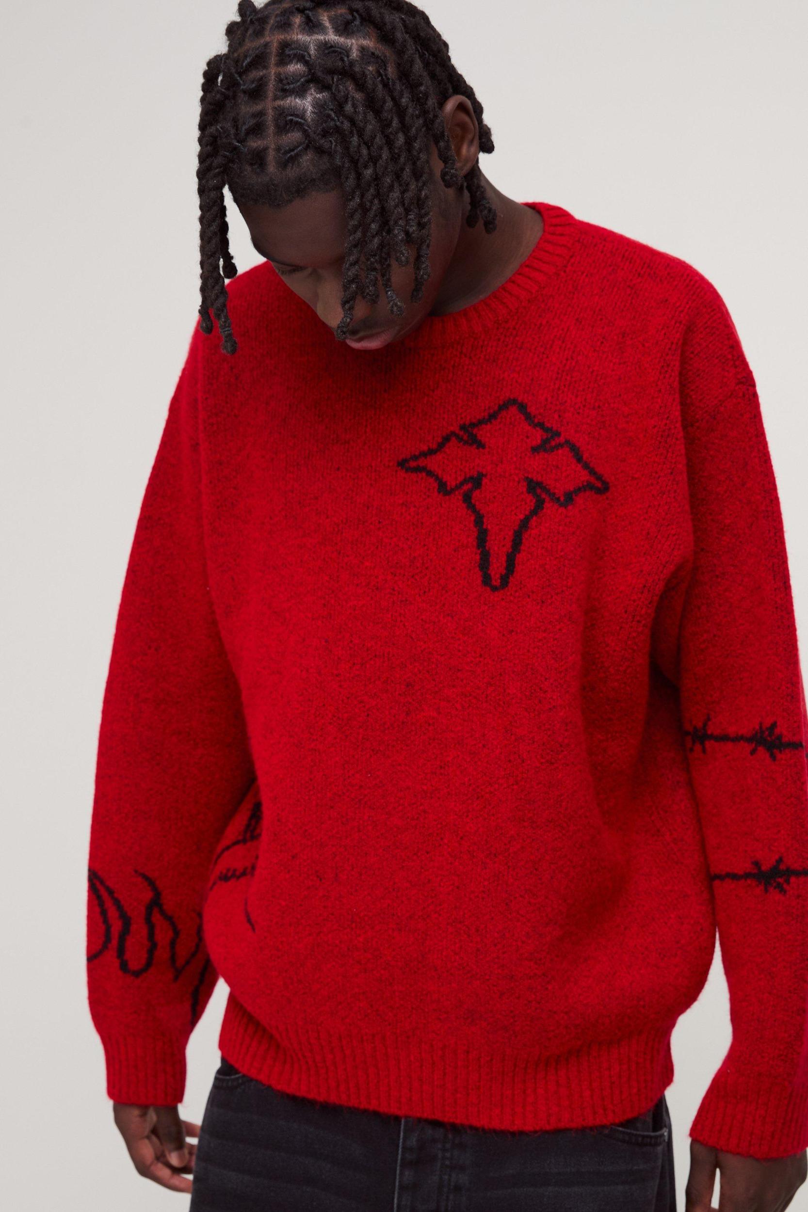 Oversized Boxy Brushed Multi Doodle Graphic Knitted Sweater | boohooMAN USA Product Image