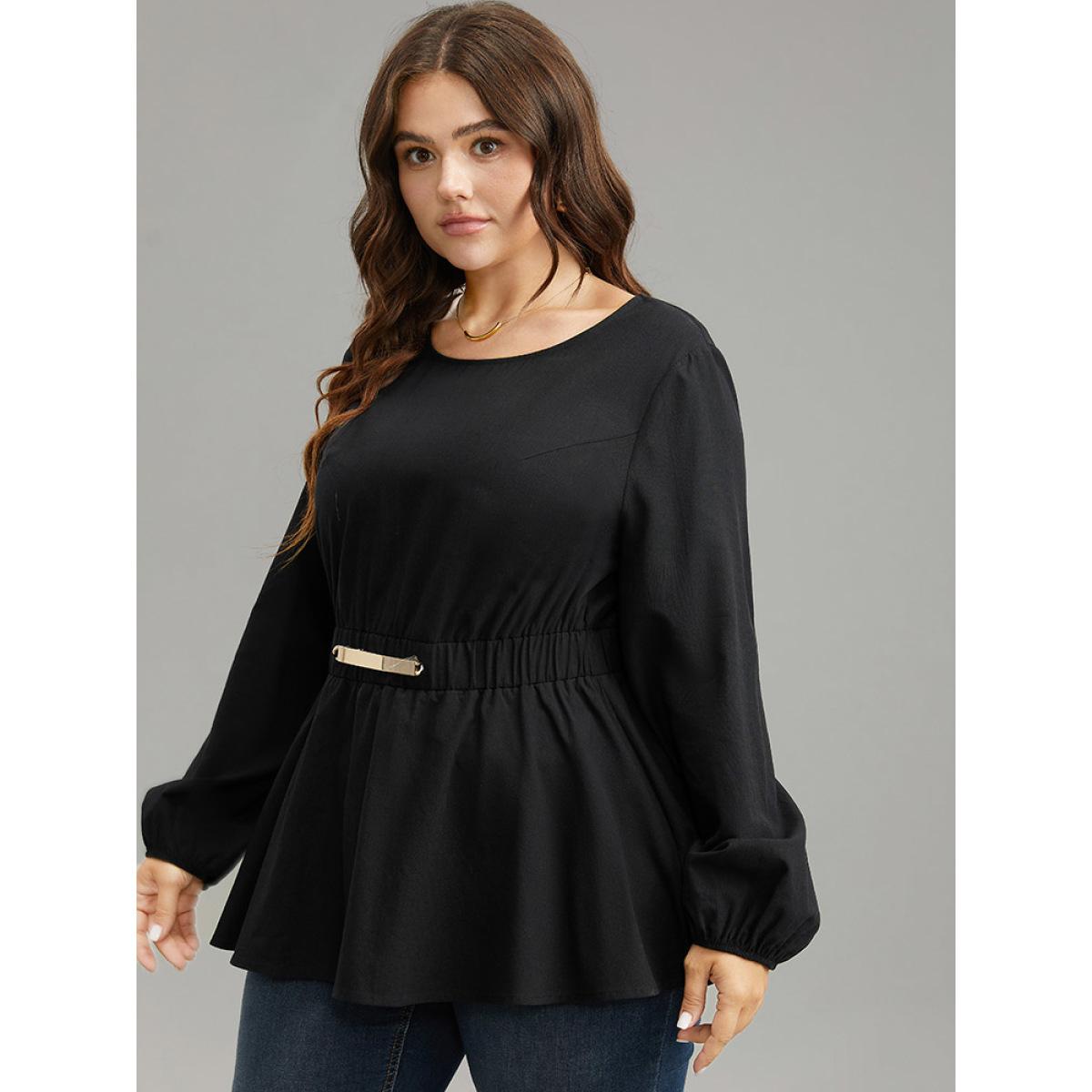 Plus Size Black Cotton Solid Metal Detail Lantern Sleeve Blouse Women Office Long Sleeve Round Neck Work Blouses BloomChic 26/4X Product Image