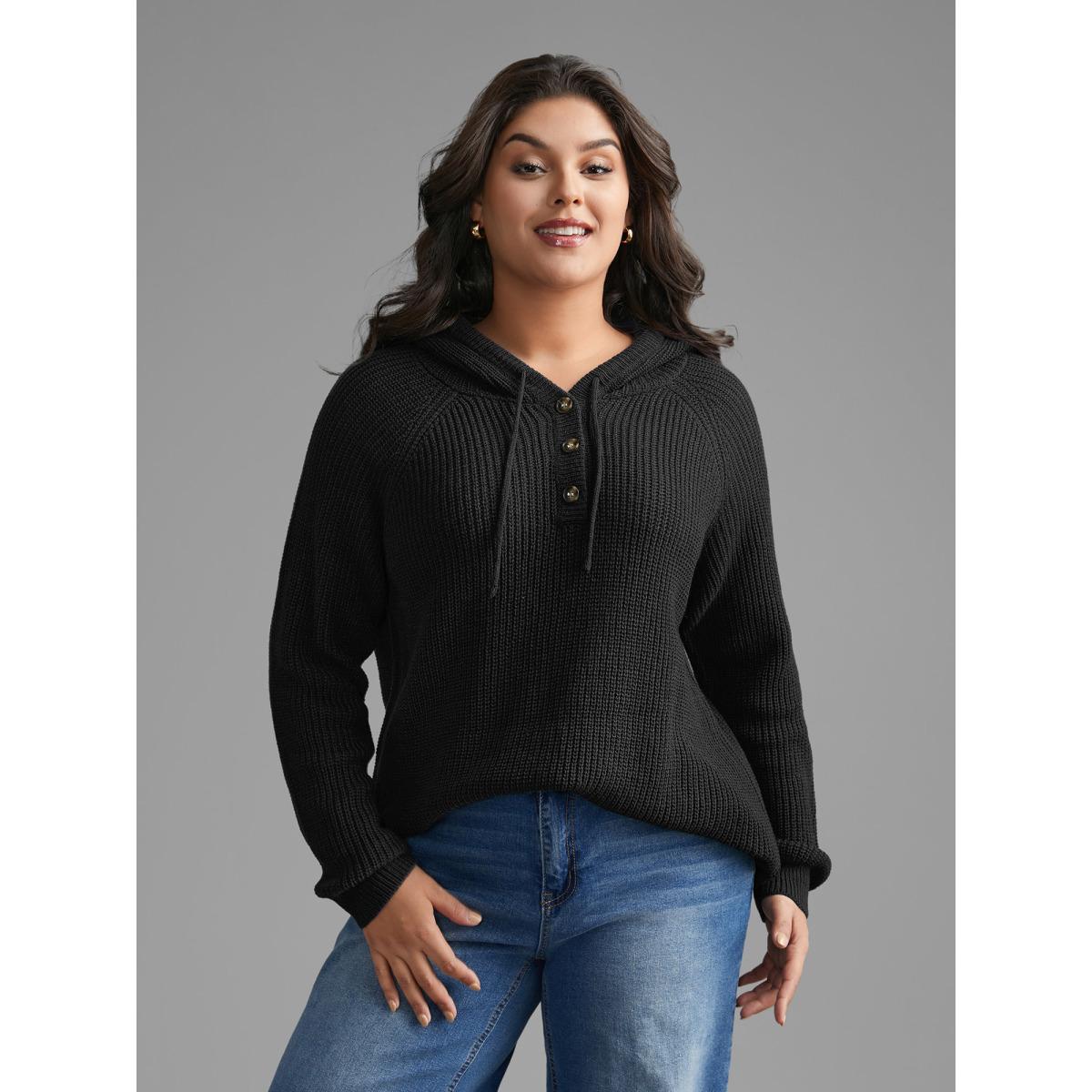Plus Size Plain Button Up Hooded Pullover Black Women Casual Loose Long Sleeve Hooded Everyday Pullovers BloomChic 26/4X Product Image