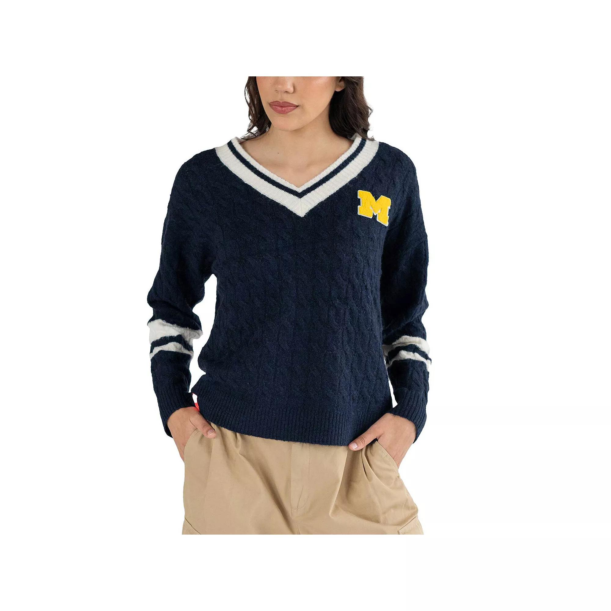 Women's Lusso Navy Michigan Wolverines Stella Cable Knit V-Neck Pullover Sweater,  Product Image