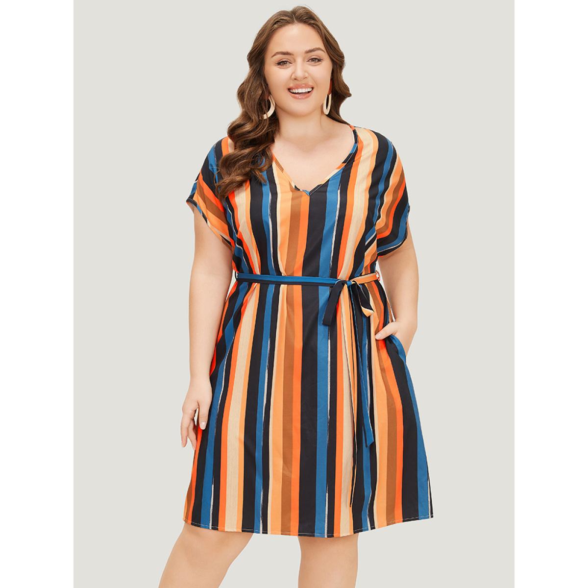 Plus Size Rainbow Striped Batwing Sleeve Pocket Belt Dress Multicolor Women Vacation Contrast V-neck Short sleeve Curvy Knee Dress BloomChic 30/6X Product Image