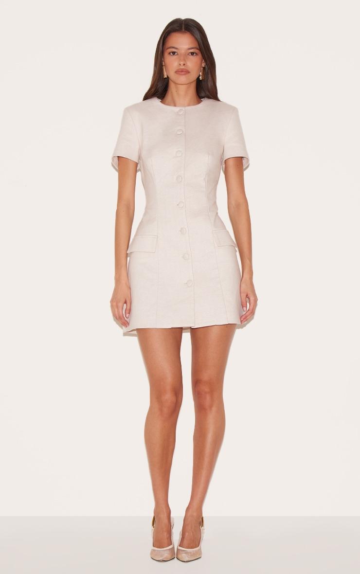 Almond Herringbone Tailored Short Sleeve Mini Dress Product Image