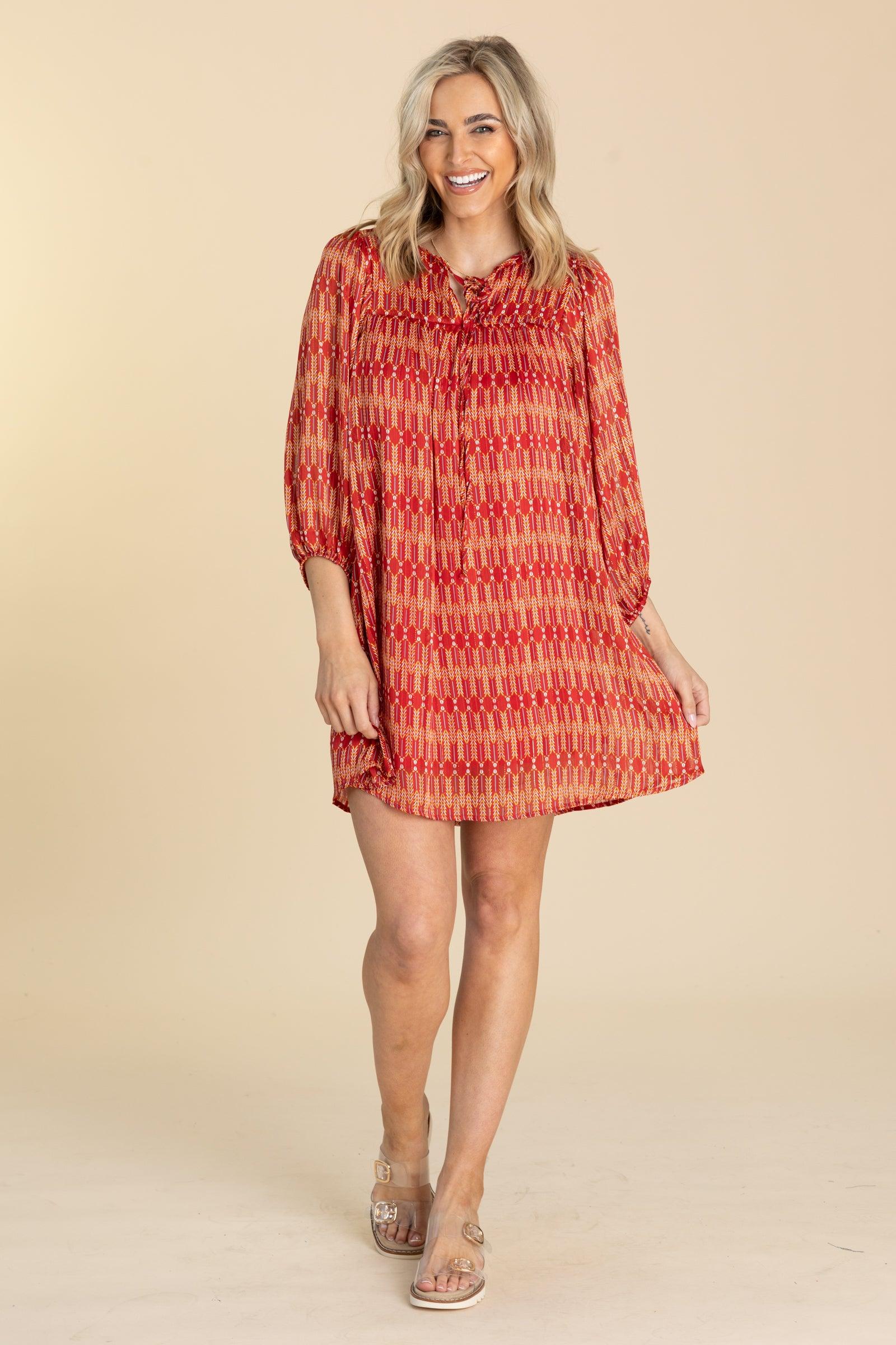Red and Orange Boho Print Dress Product Image