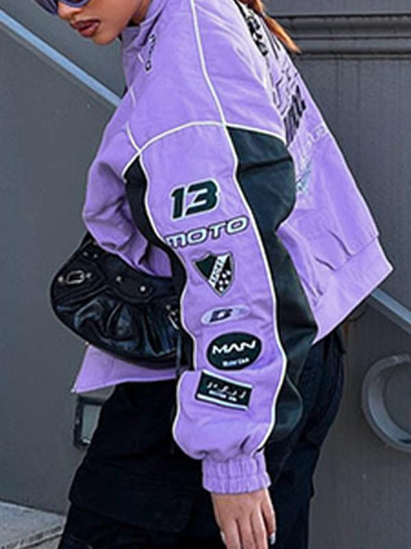 Color Block Splice Print Motorcycle Jacket Product Image