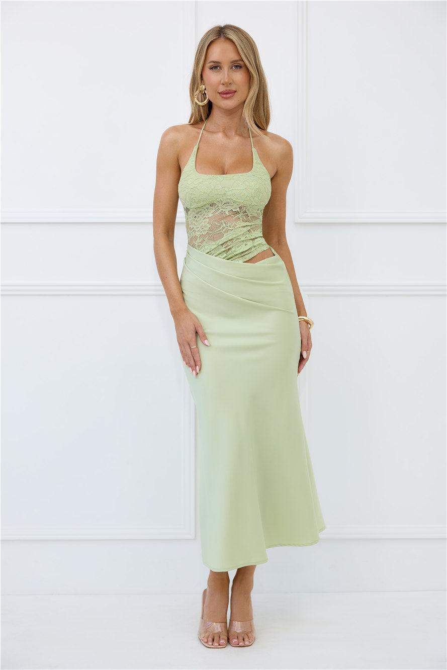 Radiate Positivity Halter Lace Maxi Dress Sage Product Image