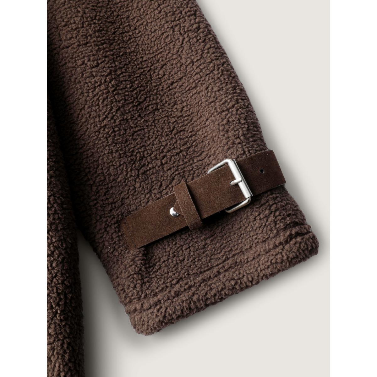 Plus Size Teddy Fleece Zipper Jacket Women DarkBrown Non Slanted pocket Casual Jackets BloomChic 22-24/3X Product Image