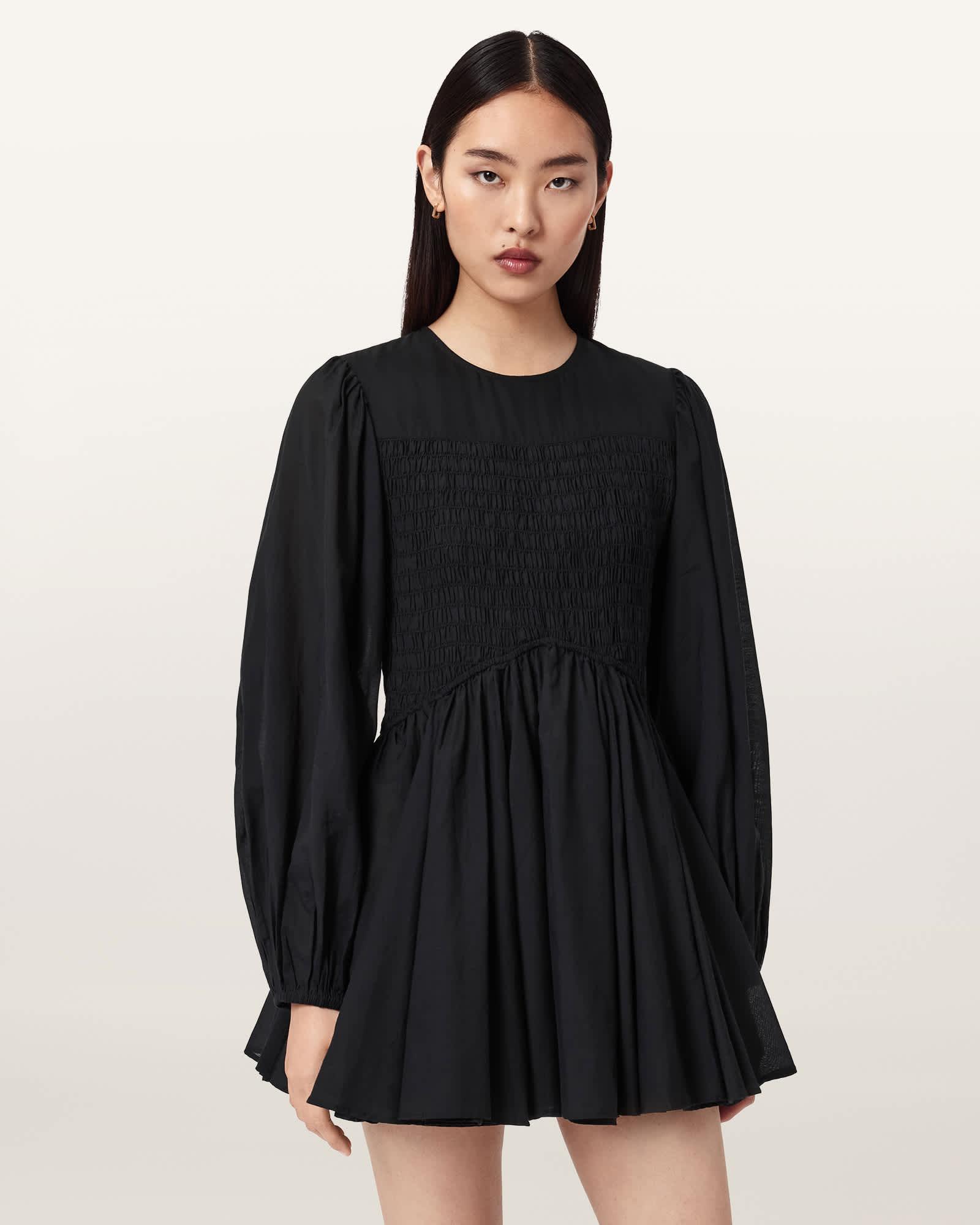Chia Smocked Mini Dress Black | ALLSAINTS US Product Image