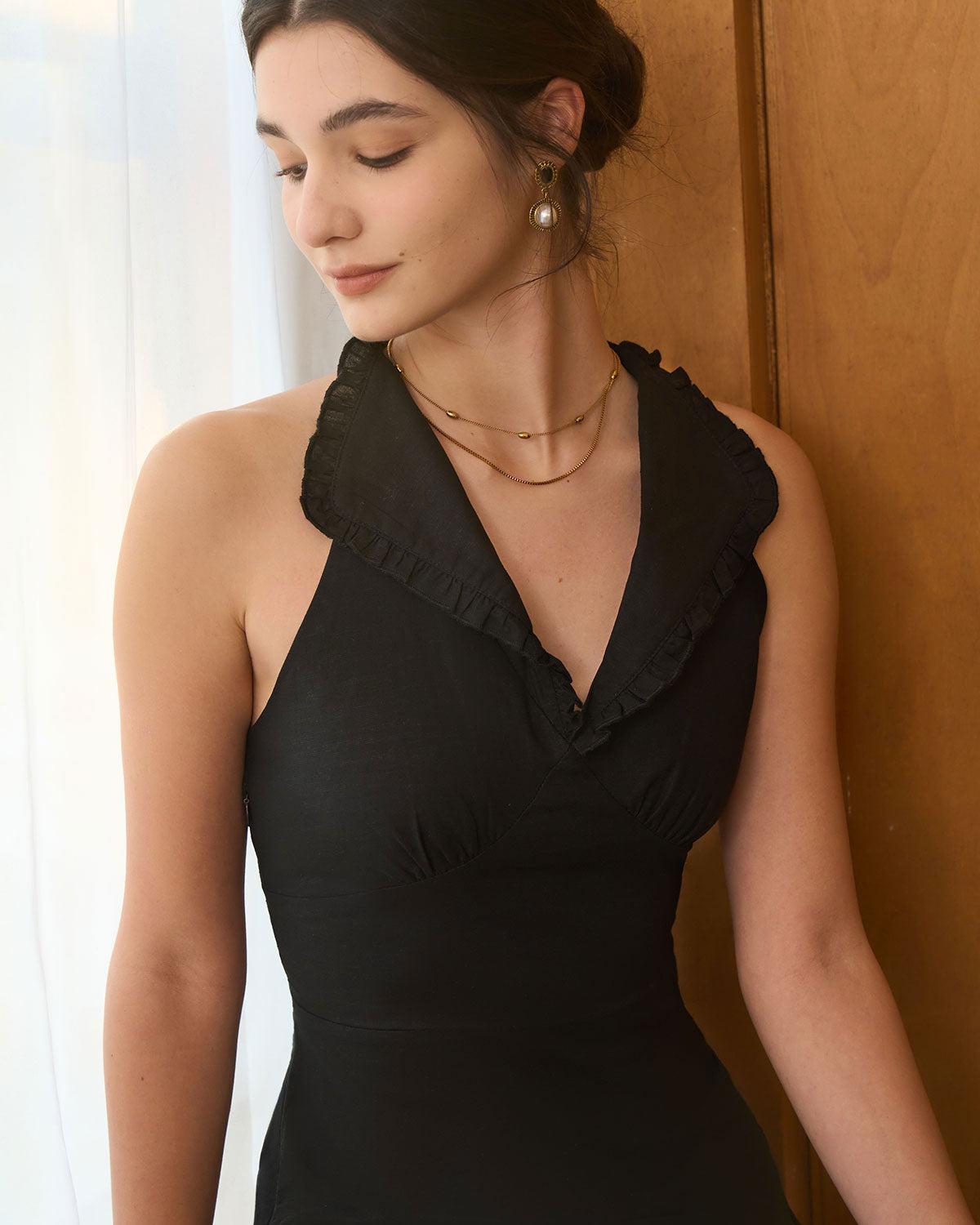 The Black Collared Frill Trim Linen Maxi Dress Product Image