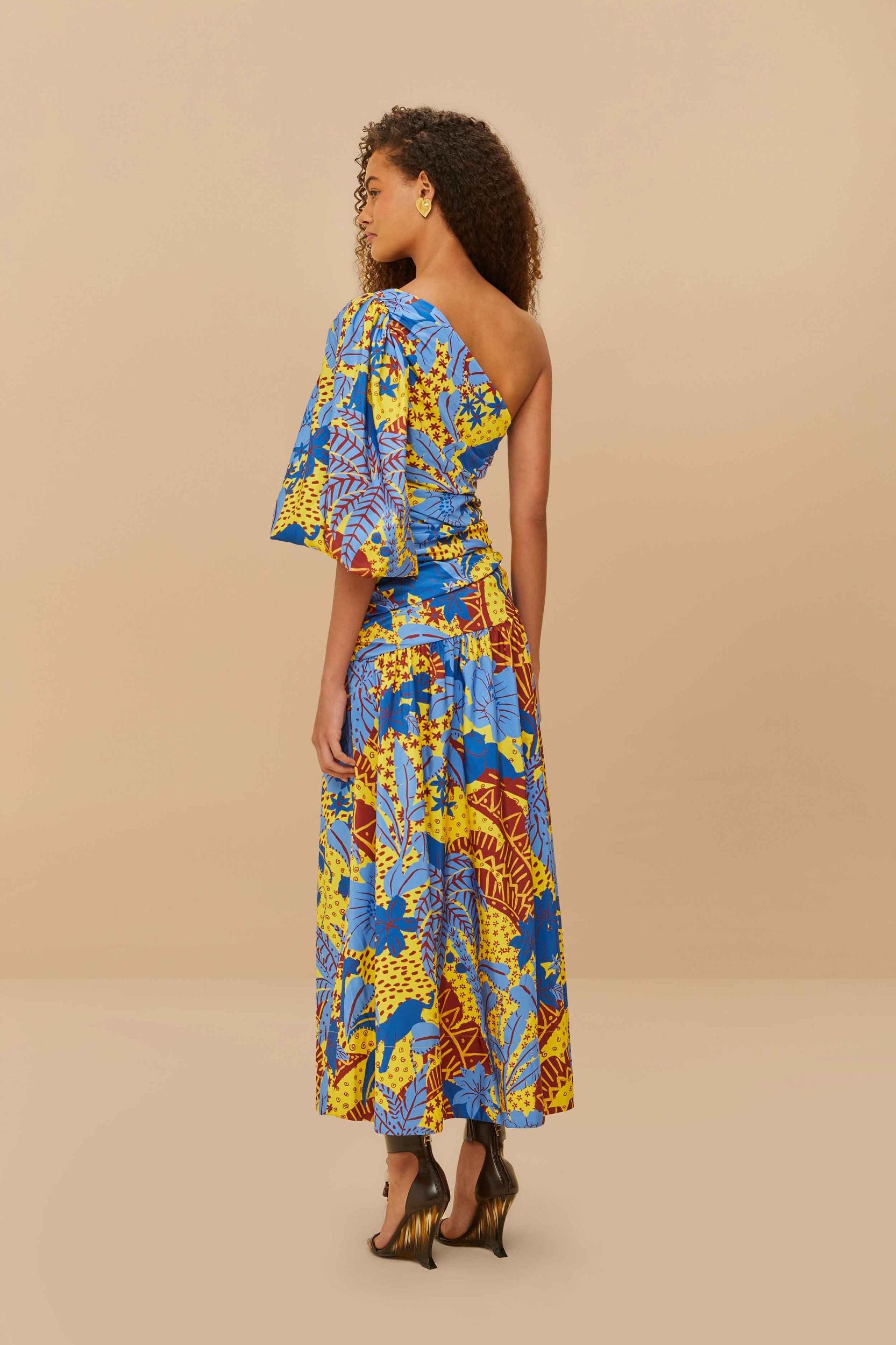 Yellow Jungle Panther One-Shoulder Midi Dress Product Image