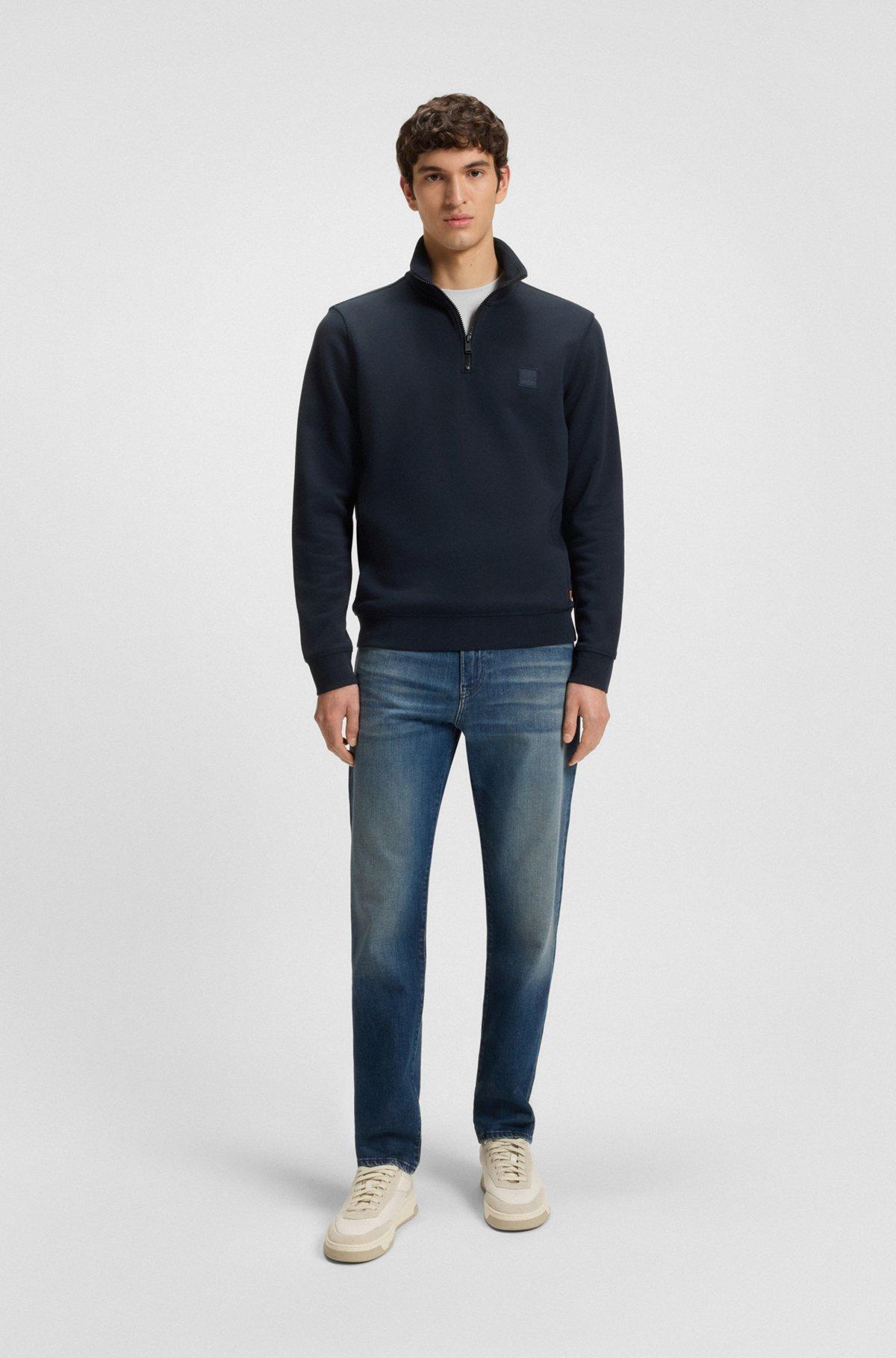 BOSS - Zip-neck sweatshirt in cotton terry with logo patch - Dark Blue Product Image