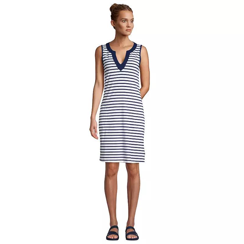 Women's Lands' End Splitneck Swim Cover-Up Dress, Size: XS, White Navy Stripe Product Image