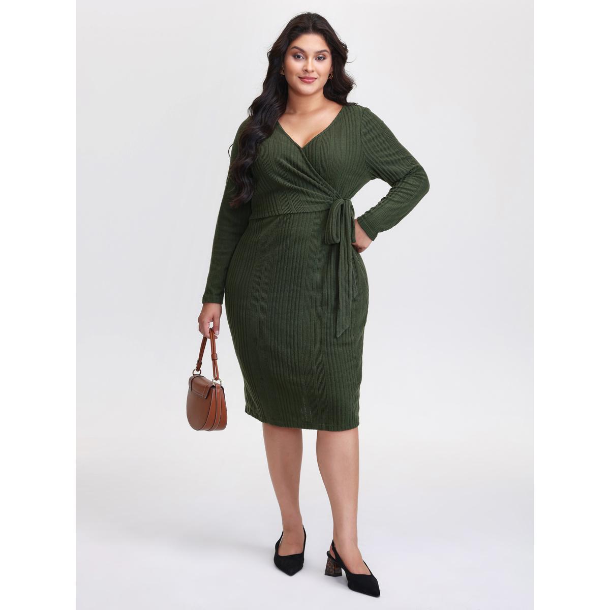 Plus Size Pit Strip Tie-Knot Slit Sheath Midi Dress ArmyGreen Women Timeless Overlapping Overlap Collar Extra Long Sleeve Curvy BloomChic 26/4X Product Image