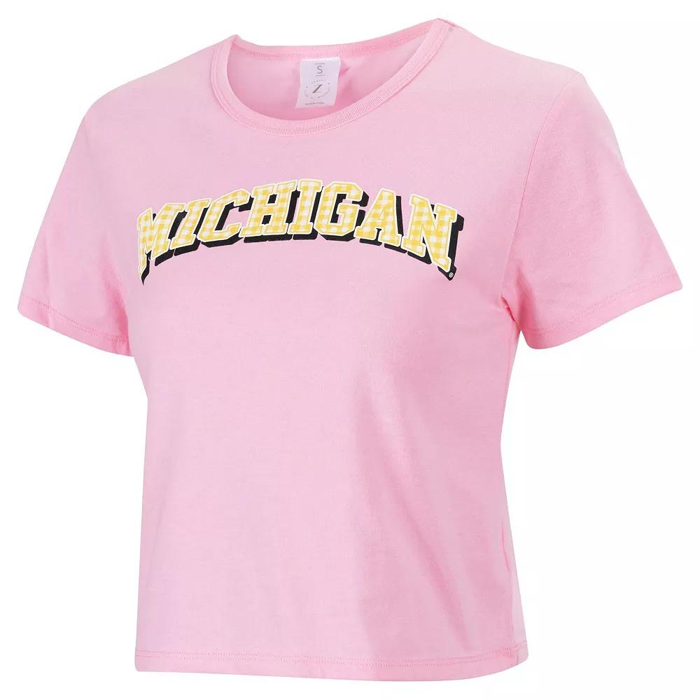 Women's ZooZatz Pink Michigan Wolverines Gingham Logo Cropped T-Shirt,  Product Image