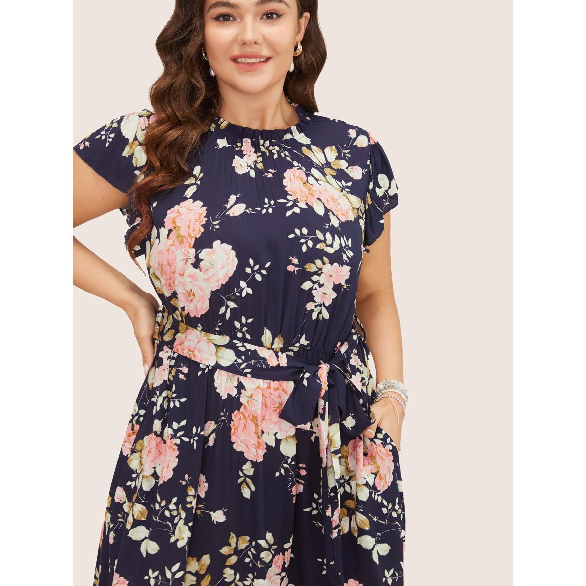 Plus Size Floral Frill Trim Mock Neck Pocket Ruffle Belted Cap Sleeve Dress DarkBlue Women Romantic Non Round Neck Short sleeve Curvy Midi Dress BloomChic 12/L Product Image