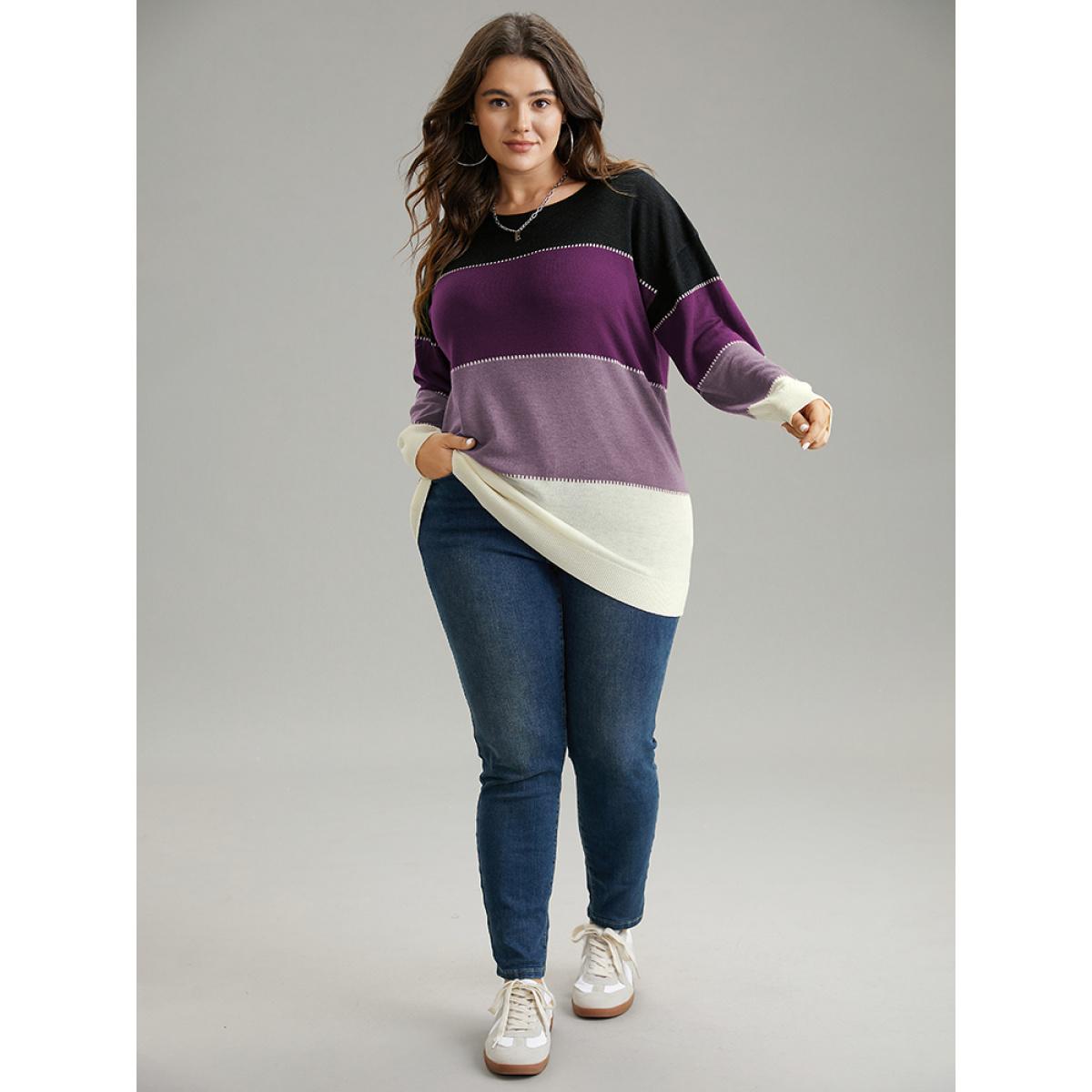 Plus Size Supersoft Essentials Colorblock Contrast Round Neck Pullover Purple Women Casual Loose Long Sleeve Round Neck Everyday Pullovers BloomChic 10/M Product Image