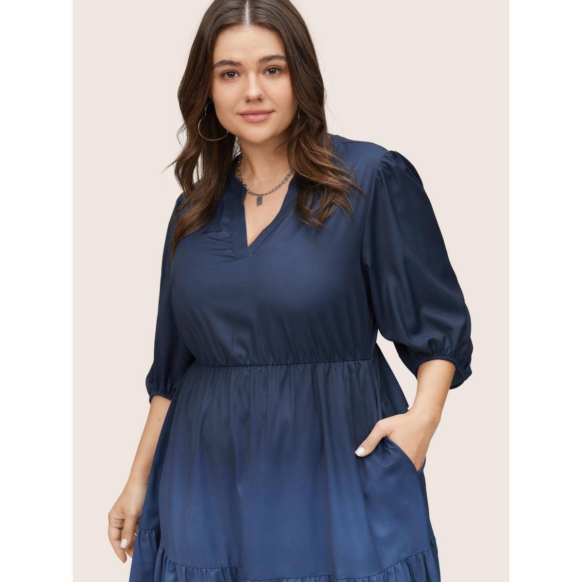 Plus Size Ombre Gathered Layered Notched Elastic Cuffs Dress Indigo Women Casual Non Notched collar Elbow-length sleeve Curvy Midi Dress BloomChic 26/4X Product Image