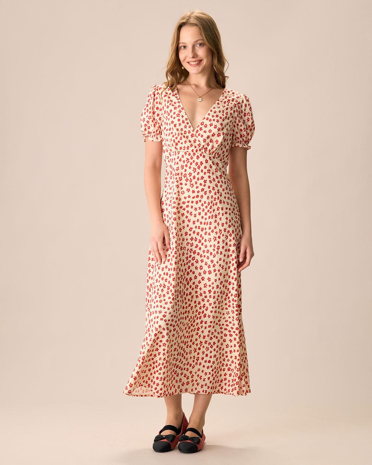 The Red V-Neck Floral Puff Sleeve Maxi Dress Product Image