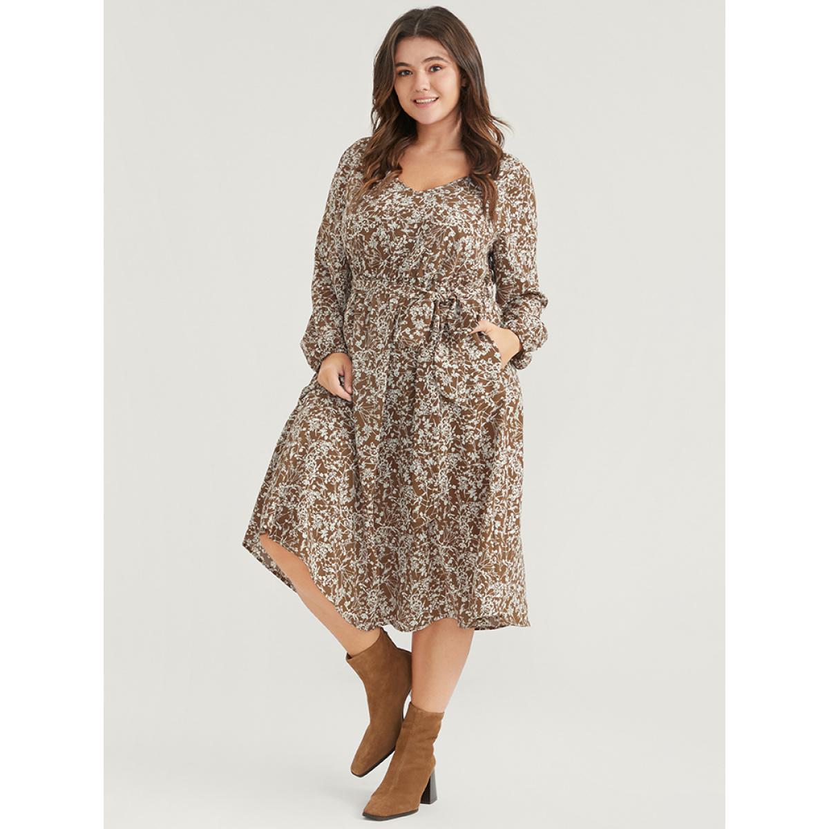 Plus Size Ditsy Floral Lantern Sleeve Pocket Belted Dress Bronze Women Elegant Belted V-neck Long Sleeve Curvy Midi Dress BloomChic 10/M Product Image