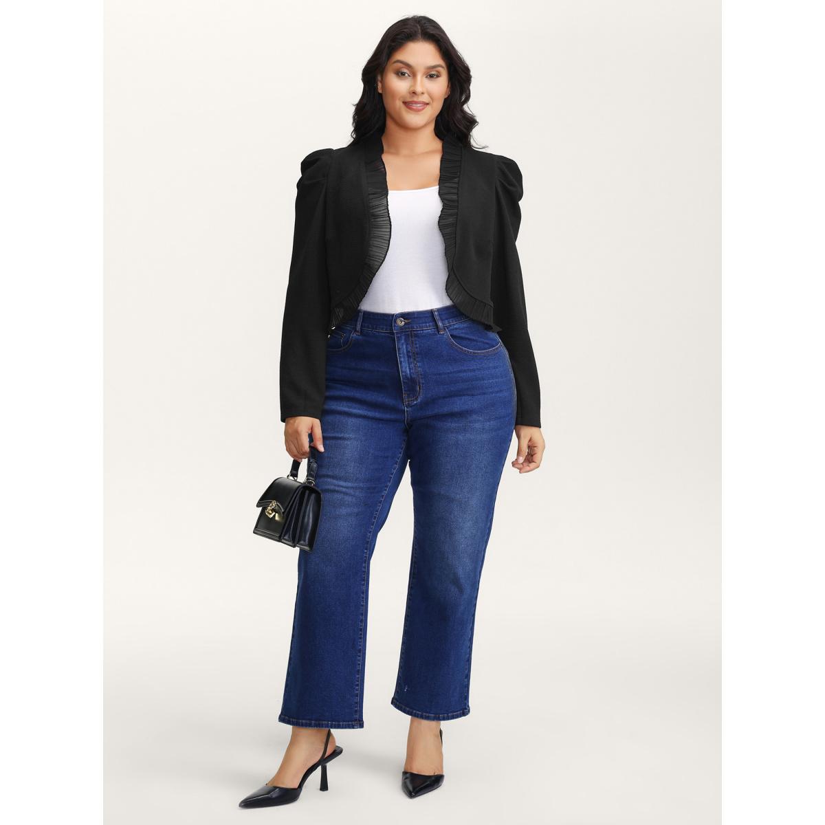 Plus Size Ruffled Curvy Hem Cropped Blazer Black Women Elegant Woven ribbon&lace trim Bishop sleeve Long Sleeve Non 14-16/1X Romantic Blazers BloomChic Product Image