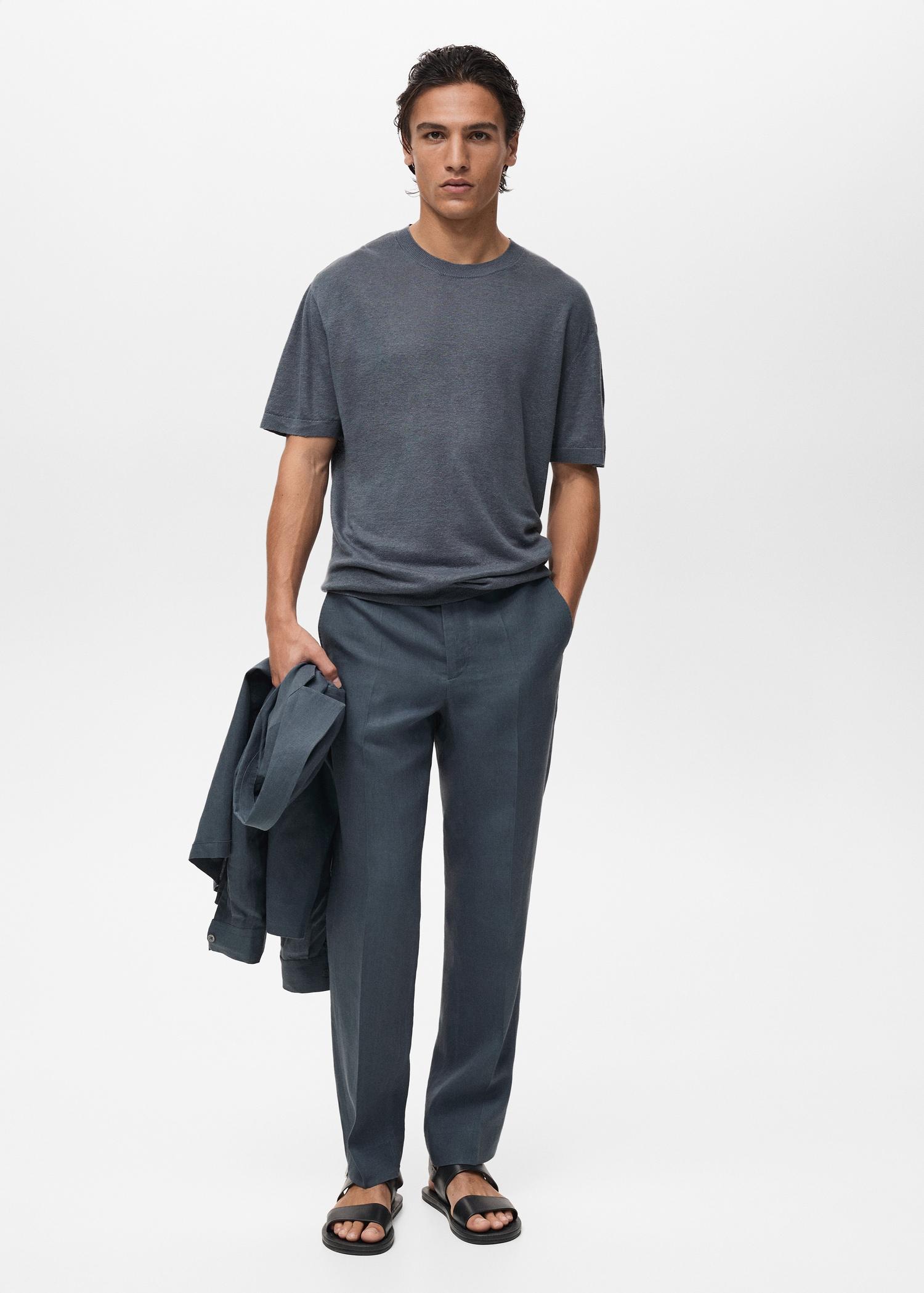 100% linen t-shirt with ribbed trim - Men | MANGO USA Product Image