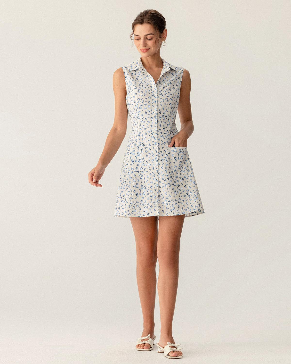 Blue Floral Pocket Sleeveless Mini Dress Product Image